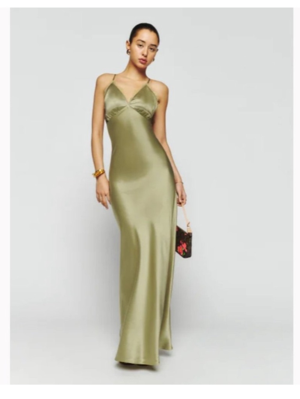 NWT Reformation Olive Green Satin Maysen Slip Maxi Dress
